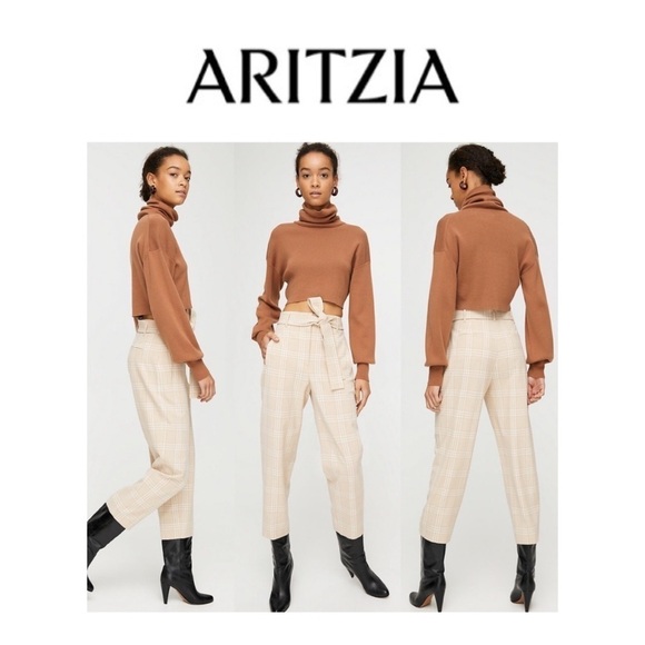 Wilfred tie front pants in beige/espresso glen plaid - size 10 - Picture 1 of 10